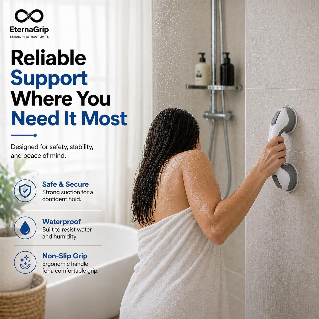 Eternagrip Suction Grab Rails for Bathroom – Shower Handle for Elderly, Strong Locking Suction Shower Grab Rail, Bathroom Safety Hand Rail, Portable Bath Handle for Shower & Bathroom Support