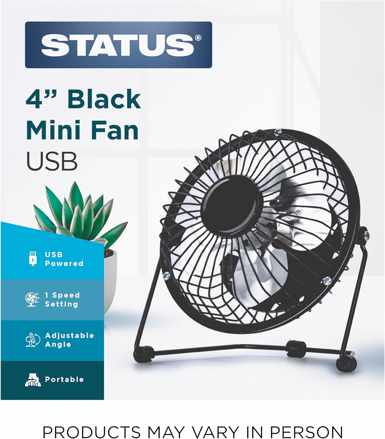 4 Inch USB Desk Fan, Mini Portable Personal Cooling Fan with Single Speed for Office, Laptop & Travel Use, Black (SUSBBLKWFAN1PKB4)