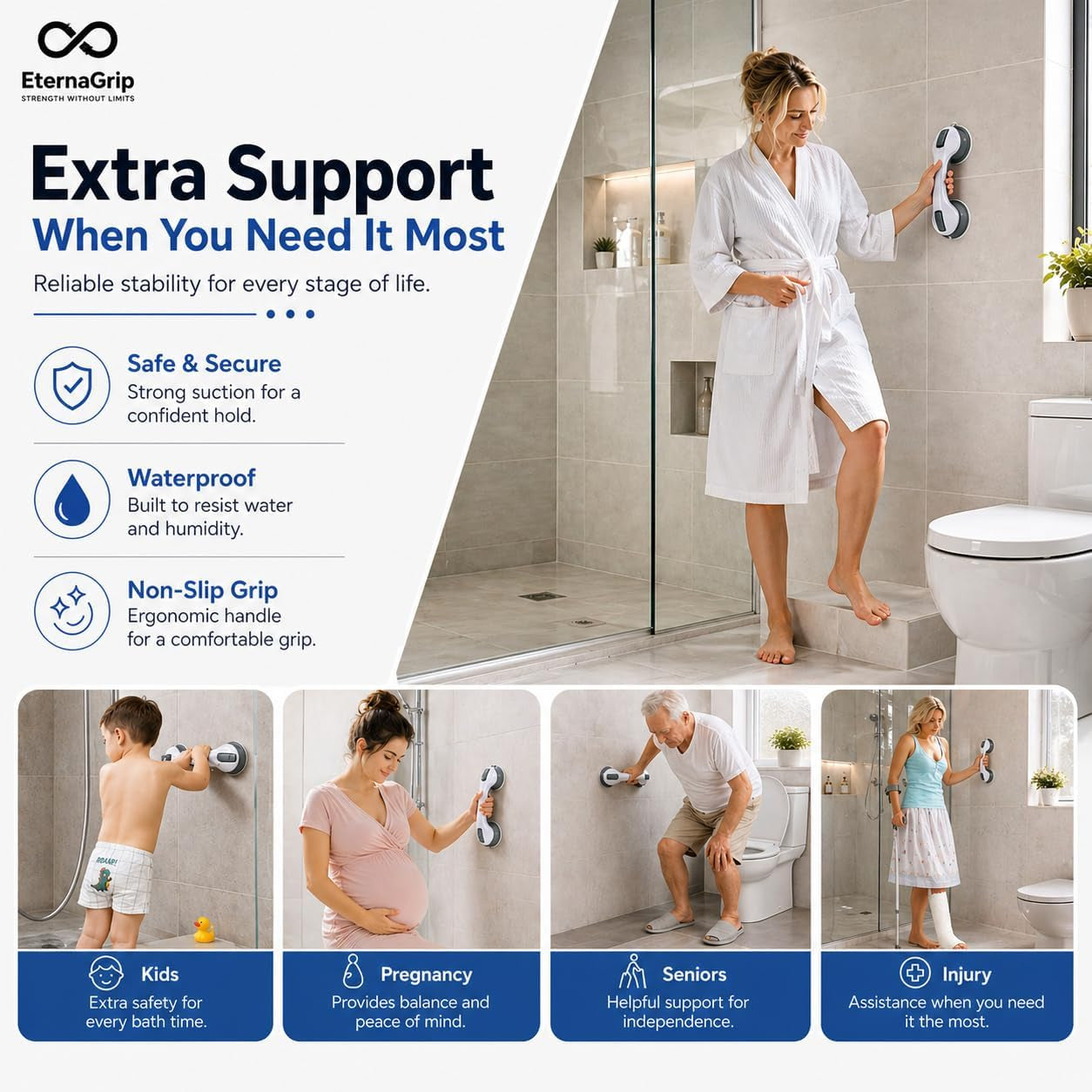 Eternagrip Suction Grab Rails for Bathroom – Shower Handle for Elderly, Strong Locking Suction Shower Grab Rail, Bathroom Safety Hand Rail, Portable Bath Handle for Shower & Bathroom Support