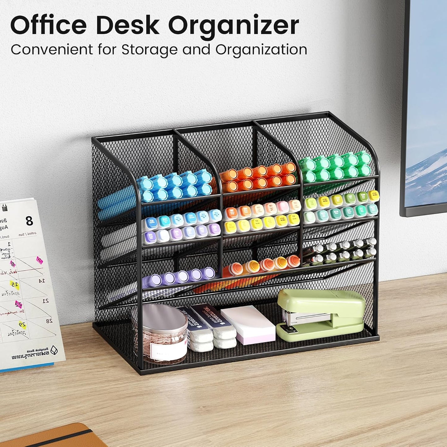 3 Tier Mesh Desk Organiser, 10 Compartments Pen Holder for Desk Tidy, Desktop Organiser for Stationery Art School Supplies, Office Accessories - Black