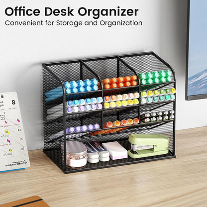 3 Tier Mesh Desk Organiser, 10 Compartments Pen Holder for Desk Tidy, Desktop Organiser for Stationery Art School Supplies, Office Accessories - Black