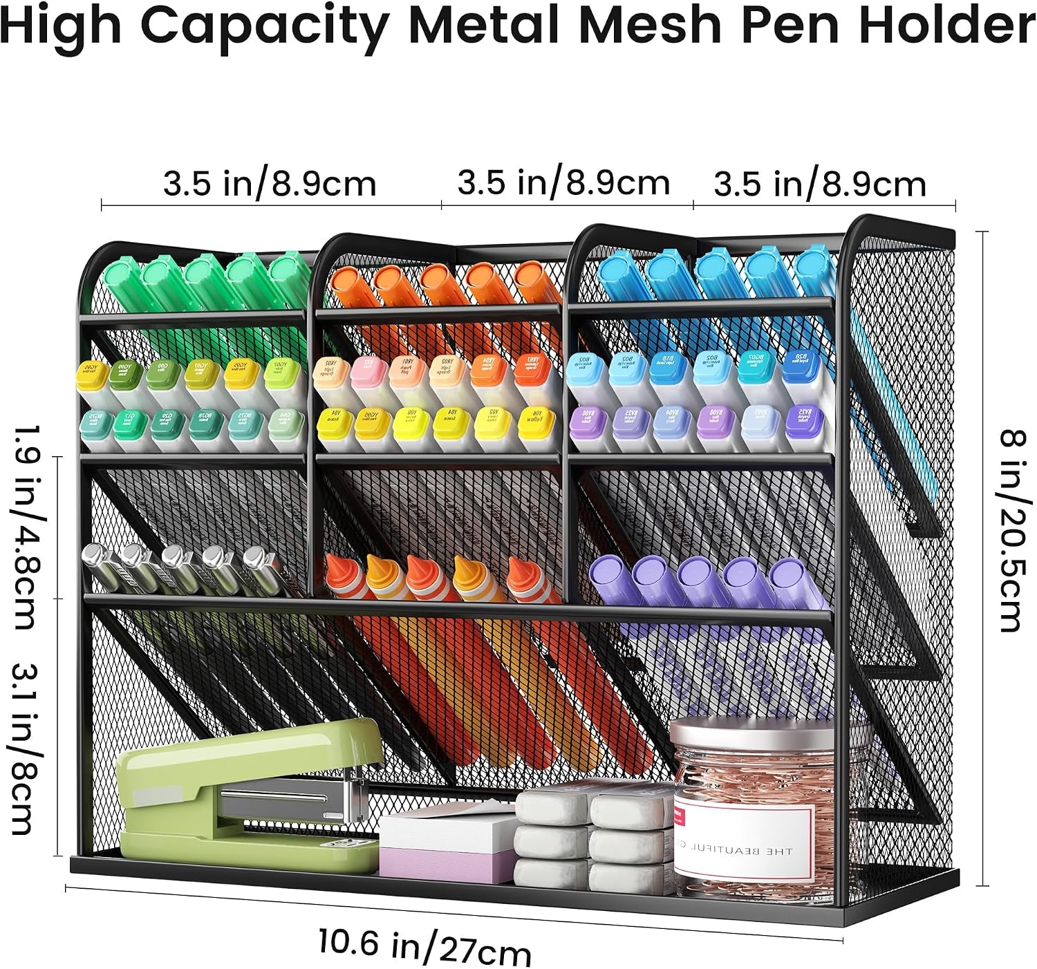 3 Tier Mesh Desk Organiser, 10 Compartments Pen Holder for Desk Tidy, Desktop Organiser for Stationery Art School Supplies, Office Accessories - Black