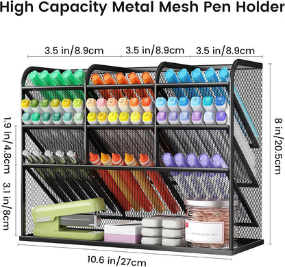 3 Tier Mesh Desk Organiser, 10 Compartments Pen Holder for Desk Tidy, Desktop Organiser for Stationery Art School Supplies, Office Accessories - Black