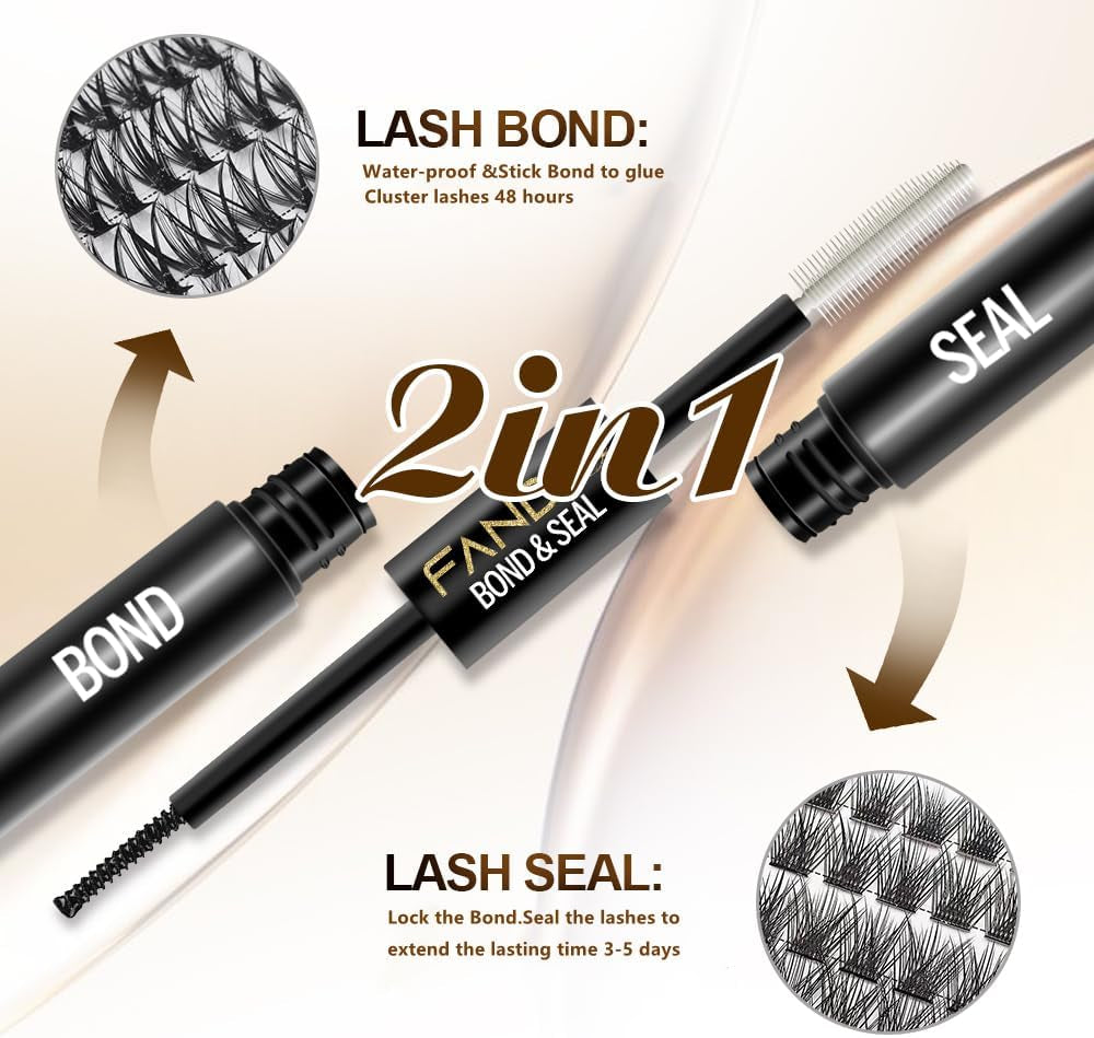 Lash Bond and Seal, Cluster Eyelash Glue for Individual Cluster DIY Eyelash Extensions,Strong Hold Waterproof Cluster Lash Glue 5ML+5ML Latex-Free Long Lasting for Sensitive Eyes(Black)