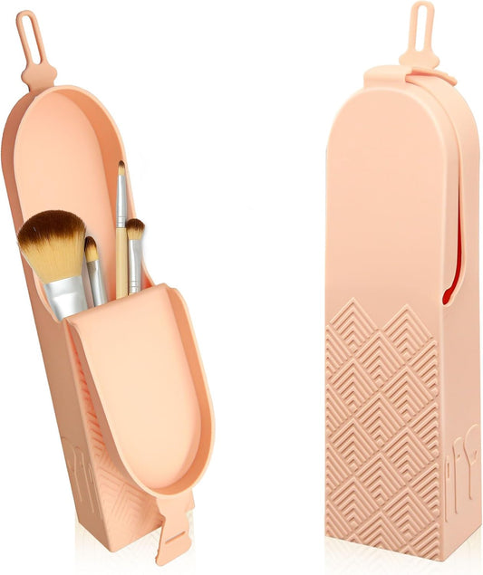 Travel Makeup Brush Holder Organizer, Silicone Makeup Brush Holder Makeup Brush Bag Case Organizer, Wide Opening Anti-Fall Cosmetic Brush Holder for Women, Travel Essentials for Women (Apricot)