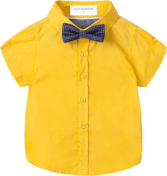 Boys Dress Shirt with Adjustable Bow Tie Short Sleeve Shirts Collared Tops
