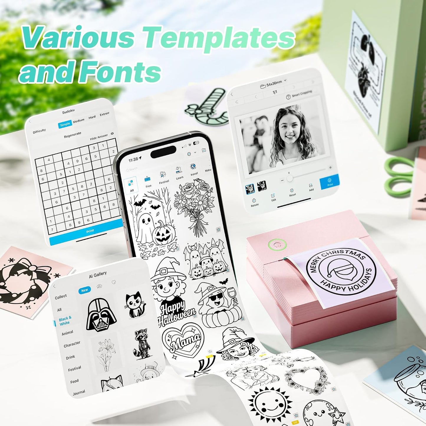 Sticker Printer, PM290 Mini Printer, Bluetooth Sticker Maker Machine with 3 Rolls Paper, Mini Thermal Printer for Study Notes, Journal, Lists, Pictures, DIY Gifts for School Office Home, Pink