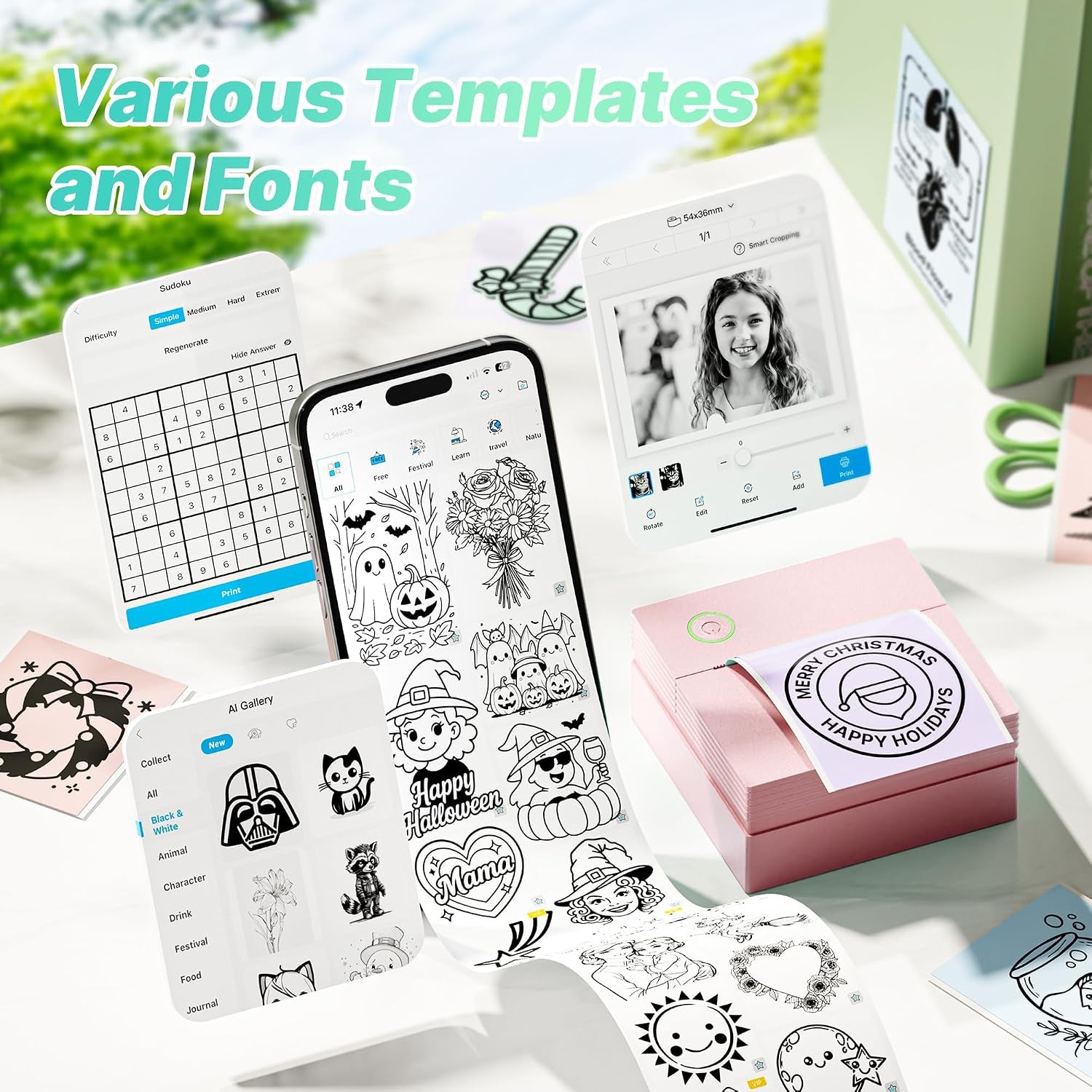 Sticker Printer, PM290 Mini Printer, Bluetooth Sticker Maker Machine with 3 Rolls Paper, Mini Thermal Printer for Study Notes, Journal, Lists, Pictures, DIY Gifts for School Office Home, Pink