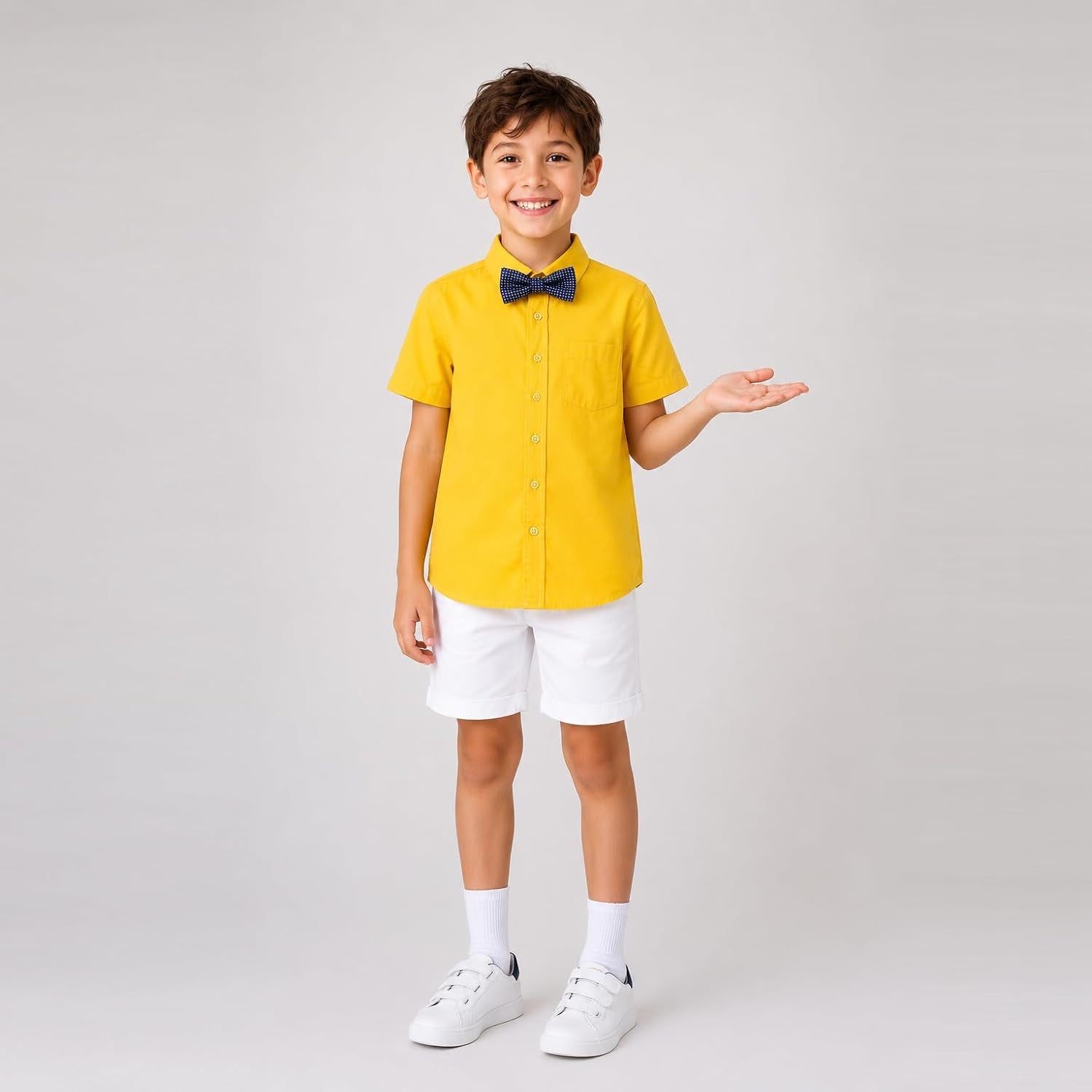 Boys Dress Shirt with Adjustable Bow Tie Short Sleeve Shirts Collared Tops