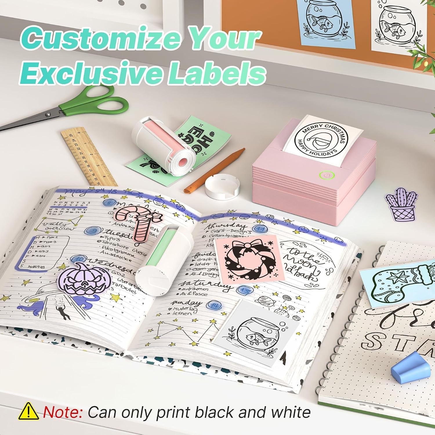 Sticker Printer, PM290 Mini Printer, Bluetooth Sticker Maker Machine with 3 Rolls Paper, Mini Thermal Printer for Study Notes, Journal, Lists, Pictures, DIY Gifts for School Office Home, Pink