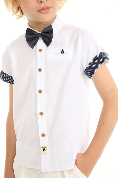 Boys Dress Shirt with Adjustable Bow Tie Short Sleeve Shirts Collared Tops