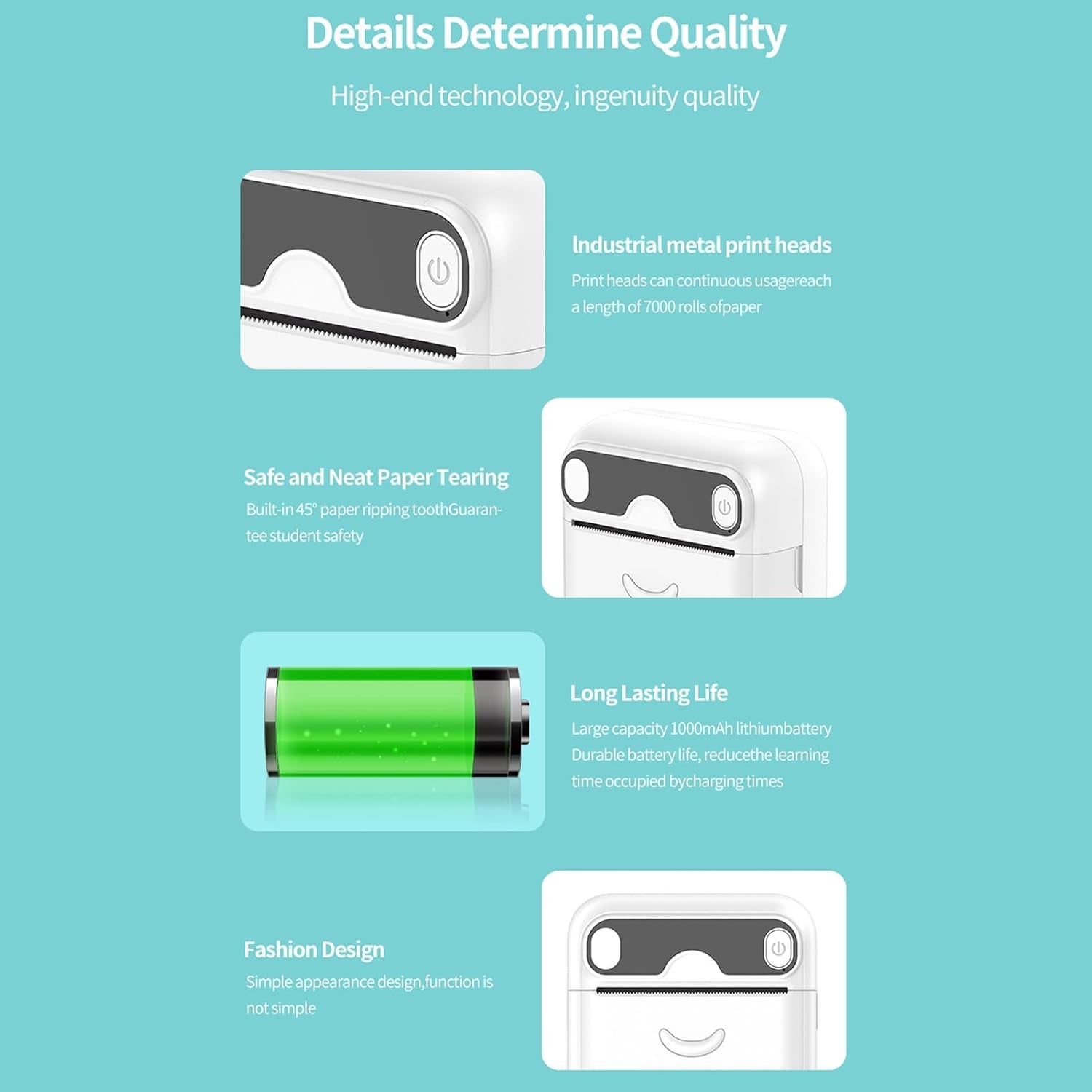 Thermal Mini Printer, Portable Inkless BT 4.0 Wireless Pocket Handheld Photo Printer, with USB Cable, for Office Home Students Children