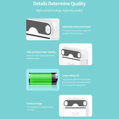 Thermal Mini Printer, Portable Inkless BT 4.0 Wireless Pocket Handheld Photo Printer, with USB Cable, for Office Home Students Children