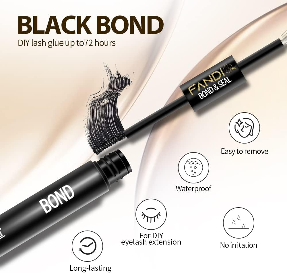 Lash Bond and Seal, Cluster Eyelash Glue for Individual Cluster DIY Eyelash Extensions,Strong Hold Waterproof Cluster Lash Glue 5ML+5ML Latex-Free Long Lasting for Sensitive Eyes(Black)