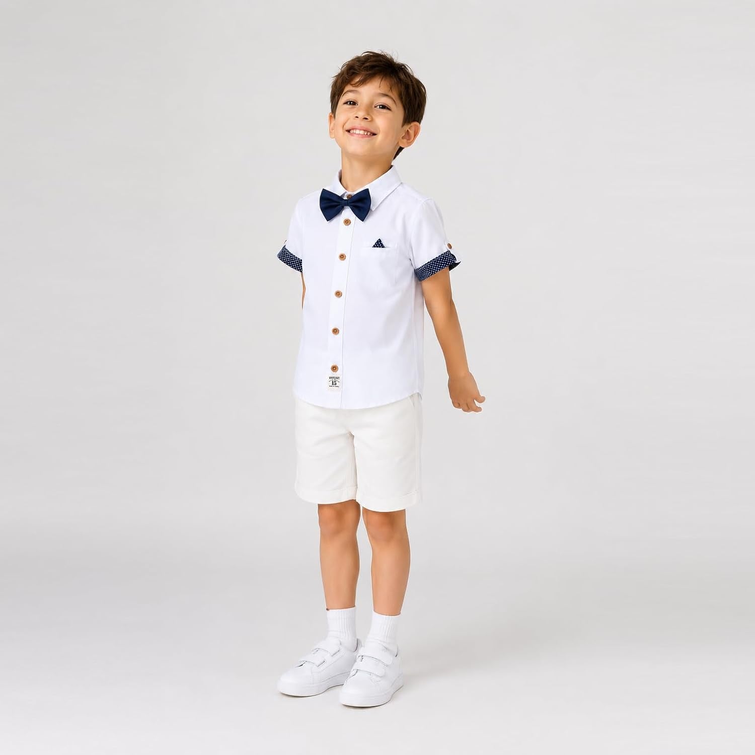Boys Dress Shirt with Adjustable Bow Tie Short Sleeve Shirts Collared Tops