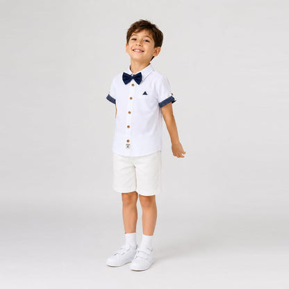 Boys Dress Shirt with Adjustable Bow Tie Short Sleeve Shirts Collared Tops