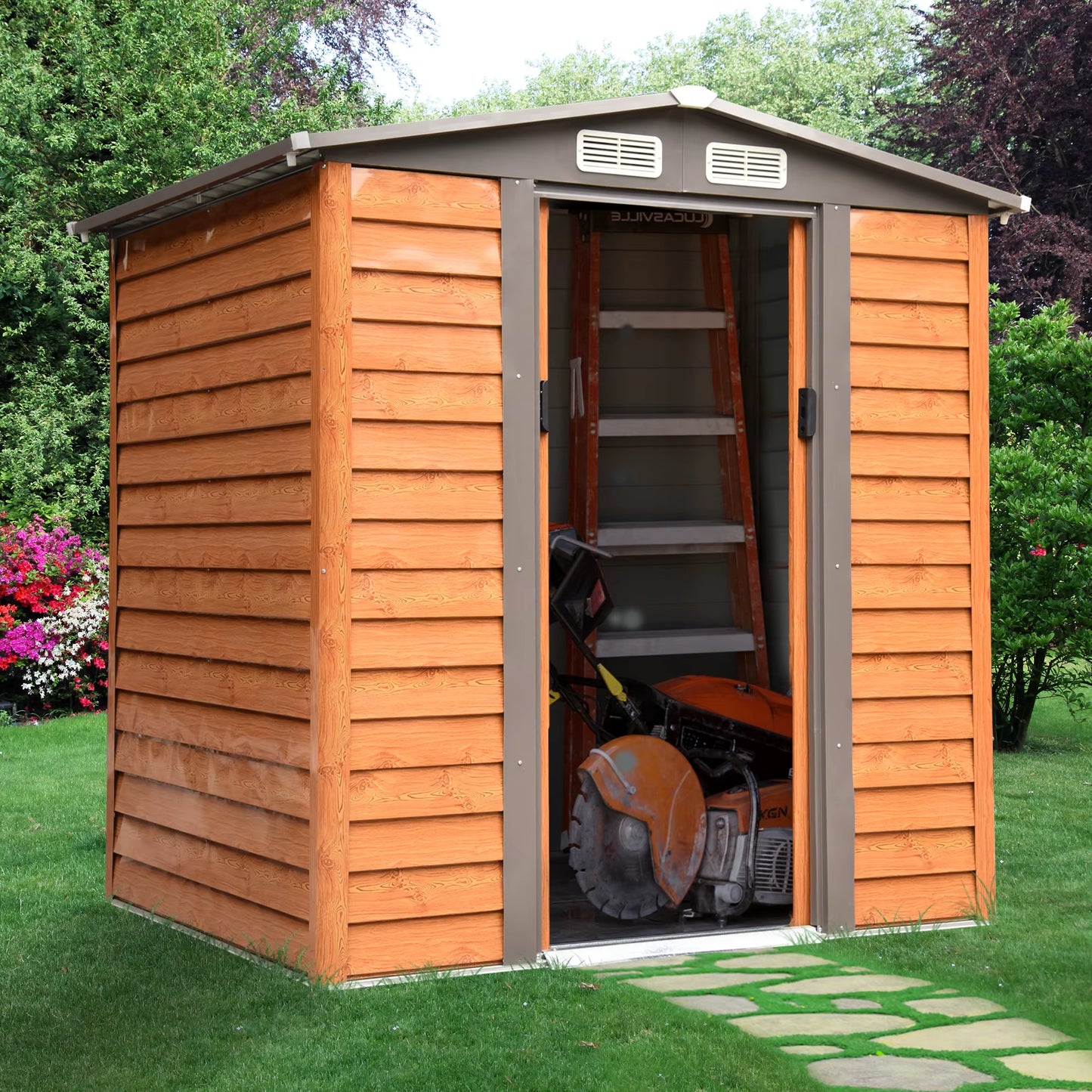 Garden Shed Tool Storage Overlap Construction Sliding Door Brown Wood Grain