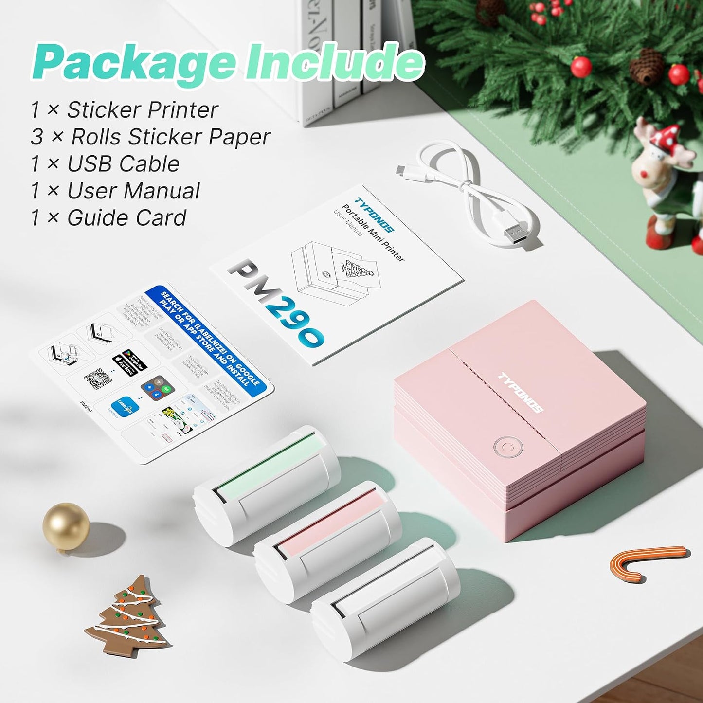 Sticker Printer, PM290 Mini Printer, Bluetooth Sticker Maker Machine with 3 Rolls Paper, Mini Thermal Printer for Study Notes, Journal, Lists, Pictures, DIY Gifts for School Office Home, Pink