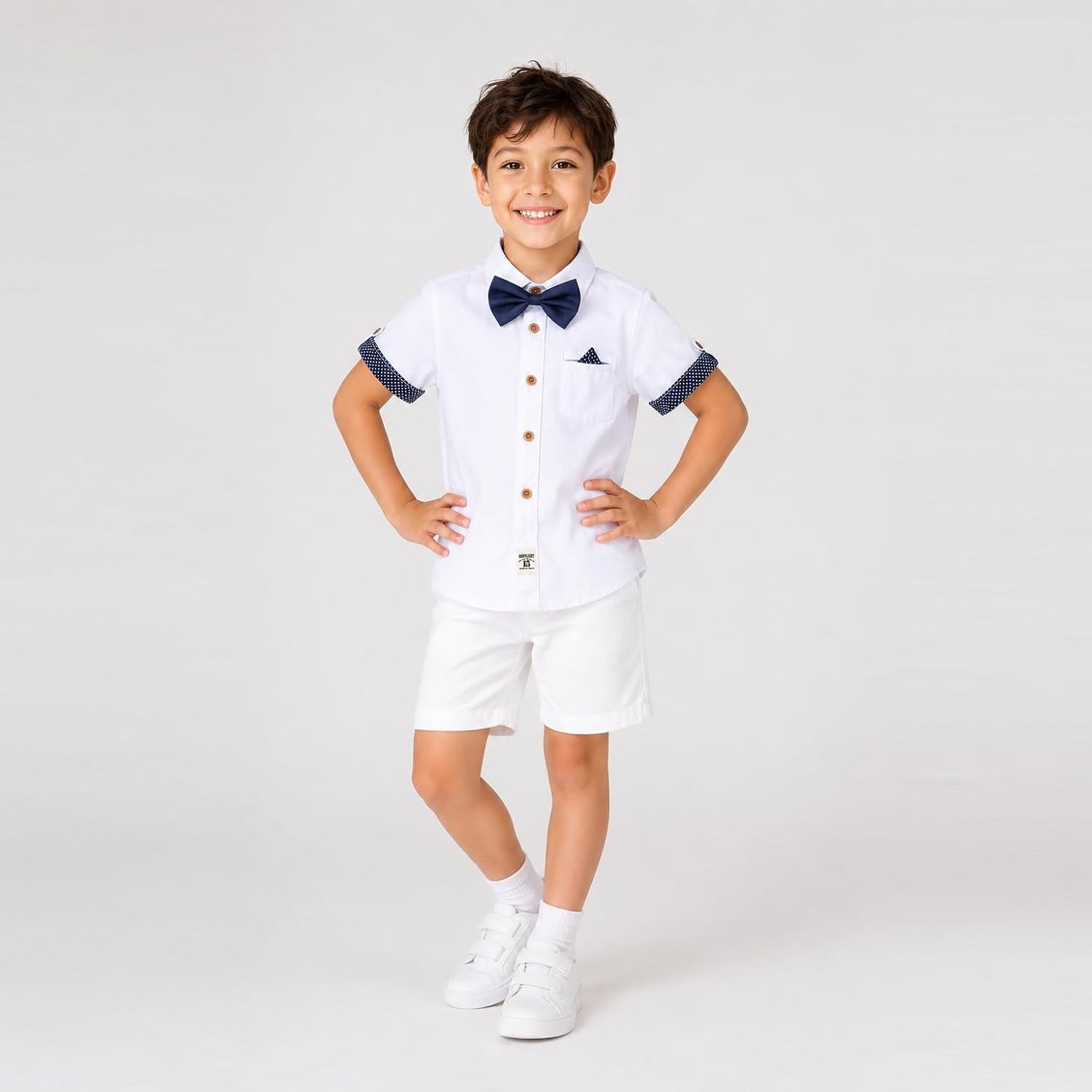 Boys Dress Shirt with Adjustable Bow Tie Short Sleeve Shirts Collared Tops