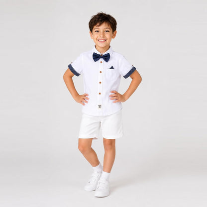 Boys Dress Shirt with Adjustable Bow Tie Short Sleeve Shirts Collared Tops