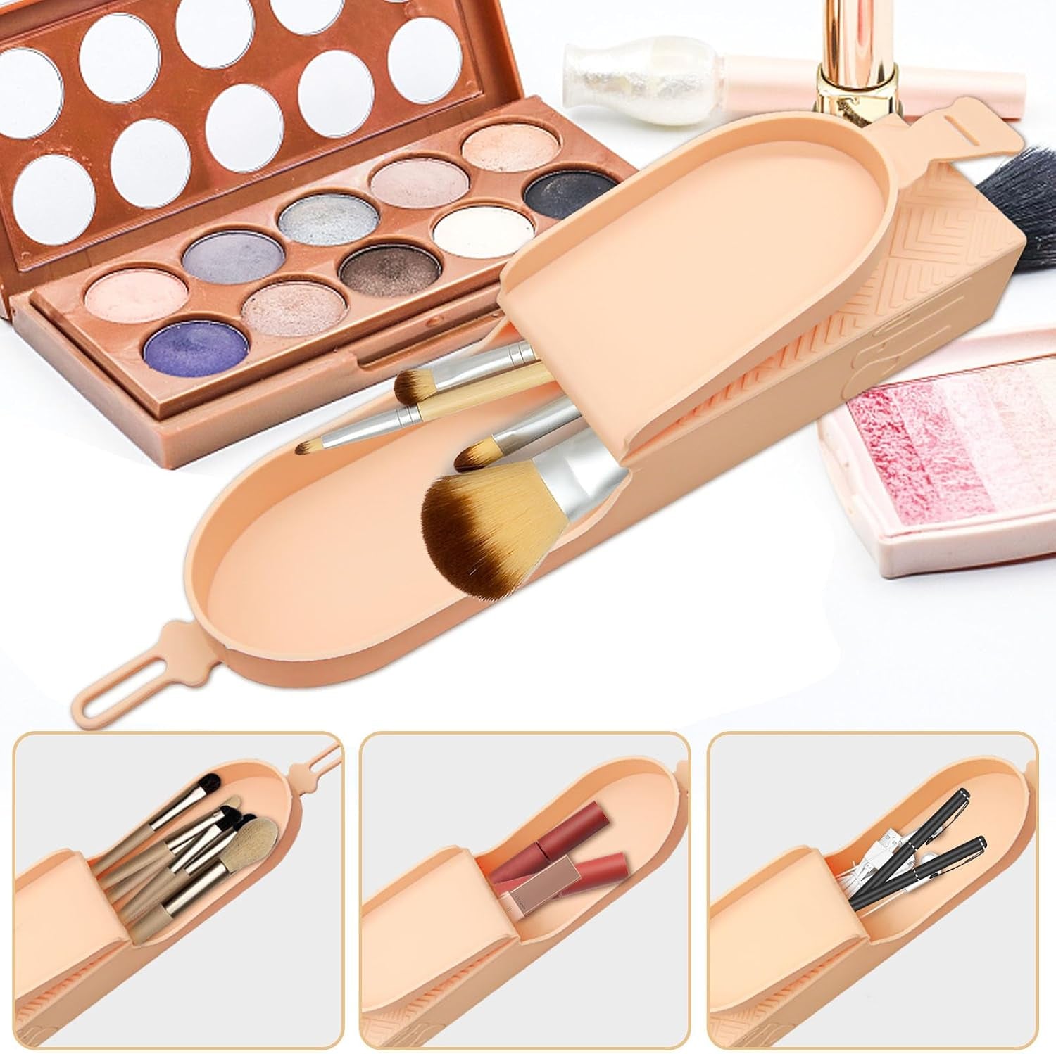 Travel Makeup Brush Holder Organizer, Silicone Makeup Brush Holder Makeup Brush Bag Case Organizer, Wide Opening Anti-Fall Cosmetic Brush Holder for Women, Travel Essentials for Women (Apricot)