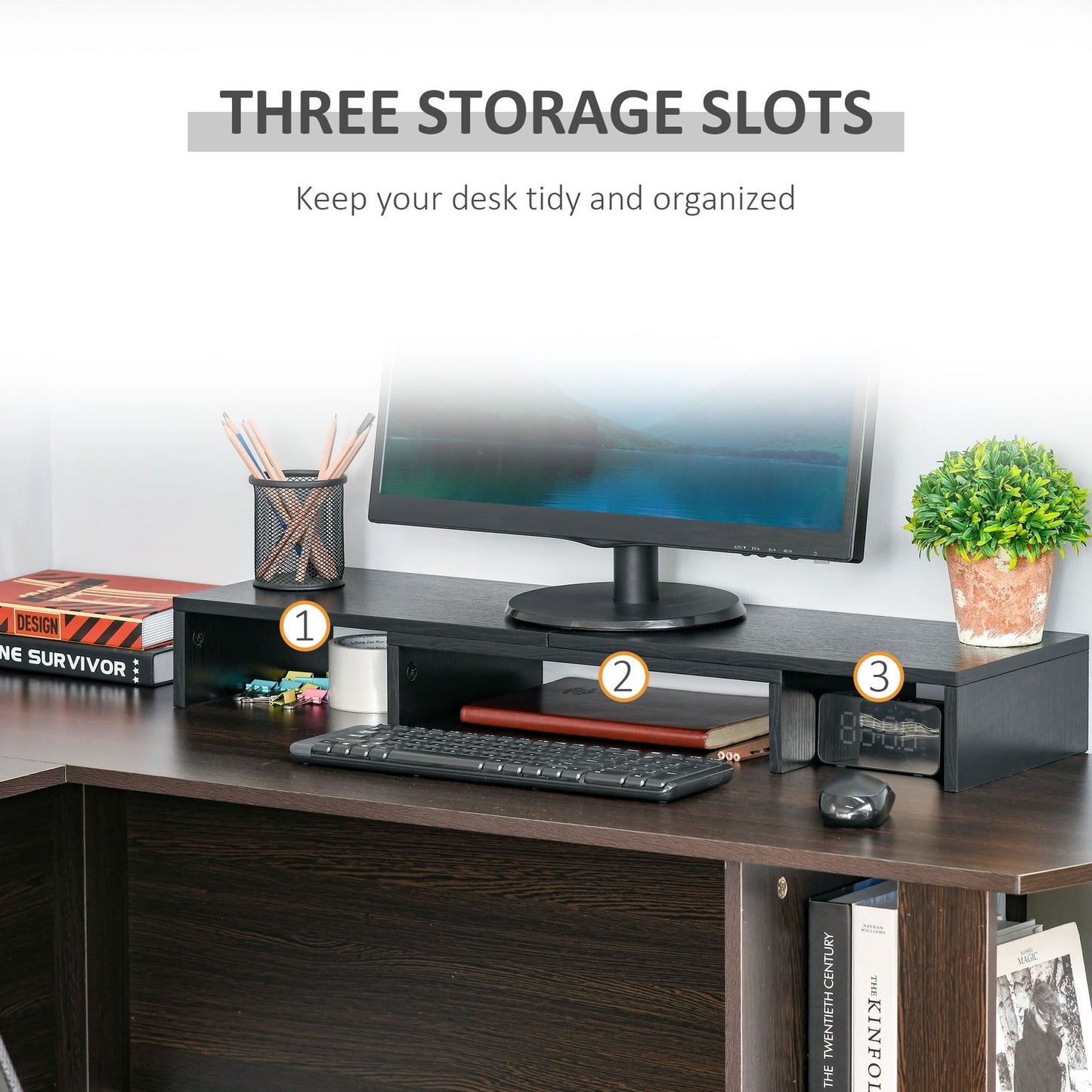 Dual Monitor Stand Riser W/ 3 Shelves Adjustable Length and Angle Screen Stand