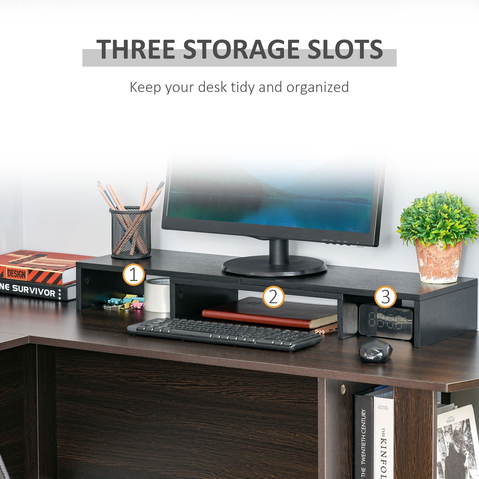 Dual Monitor Stand Riser W/ 3 Shelves Adjustable Length and Angle Screen Stand
