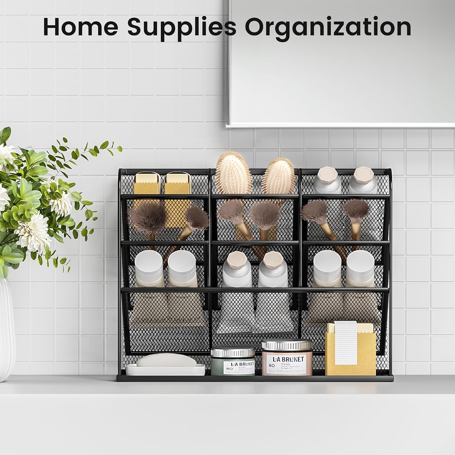 3 Tier Mesh Desk Organiser, 10 Compartments Pen Holder for Desk Tidy, Desktop Organiser for Stationery Art School Supplies, Office Accessories - Black