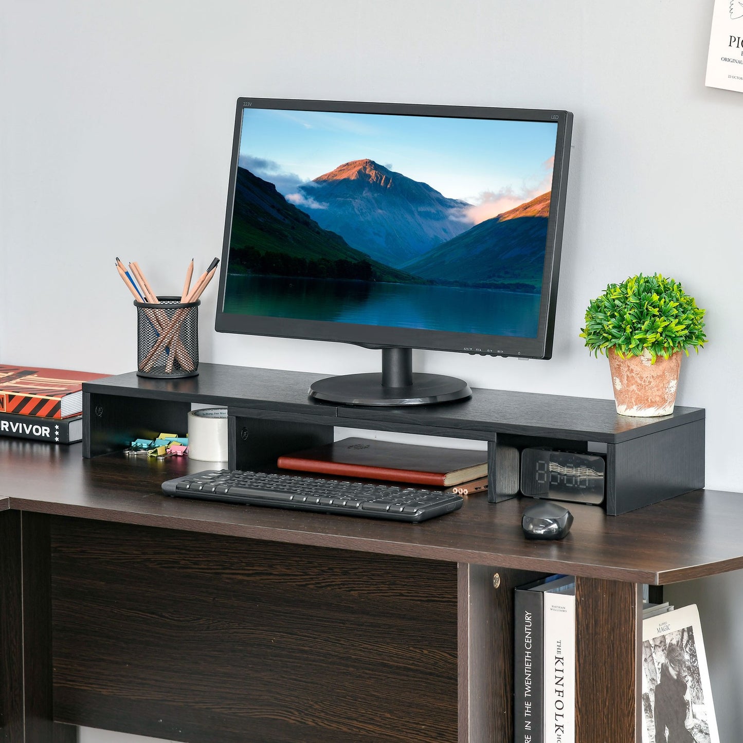 Dual Monitor Stand Riser W/ 3 Shelves Adjustable Length and Angle Screen Stand