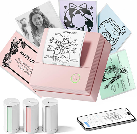 Sticker Printer, PM290 Mini Printer, Bluetooth Sticker Maker Machine with 3 Rolls Paper, Mini Thermal Printer for Study Notes, Journal, Lists, Pictures, DIY Gifts for School Office Home, Pink