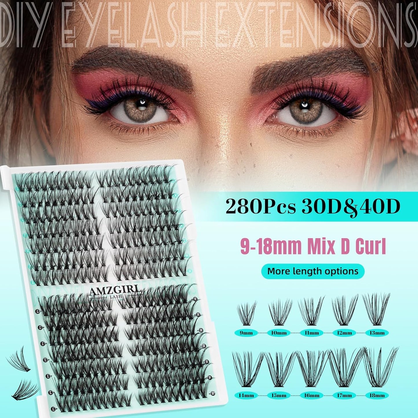 Lash Clusters DIY Eyelash Extension 280Pcs Left & Right Individual Lashes 30D 40D D Curl Clusters Eyelashes Extension for Self Application,Thin Band Cat Eye Lashes(30D 40D,9-18Mm Mix)