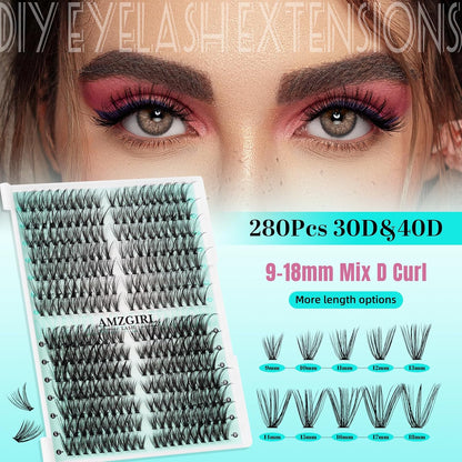 Lash Clusters DIY Eyelash Extension 280Pcs Left & Right Individual Lashes 30D 40D D Curl Clusters Eyelashes Extension for Self Application,Thin Band Cat Eye Lashes(30D 40D,9-18Mm Mix)