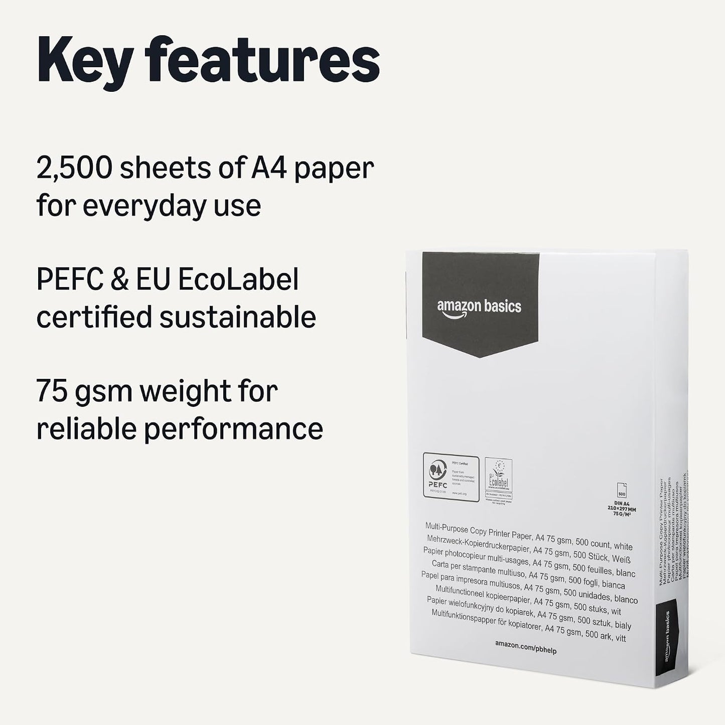Multi-Purpose Copy Printer Paper, A4 75 GSM, 2,500 Count (Pack of 5), White