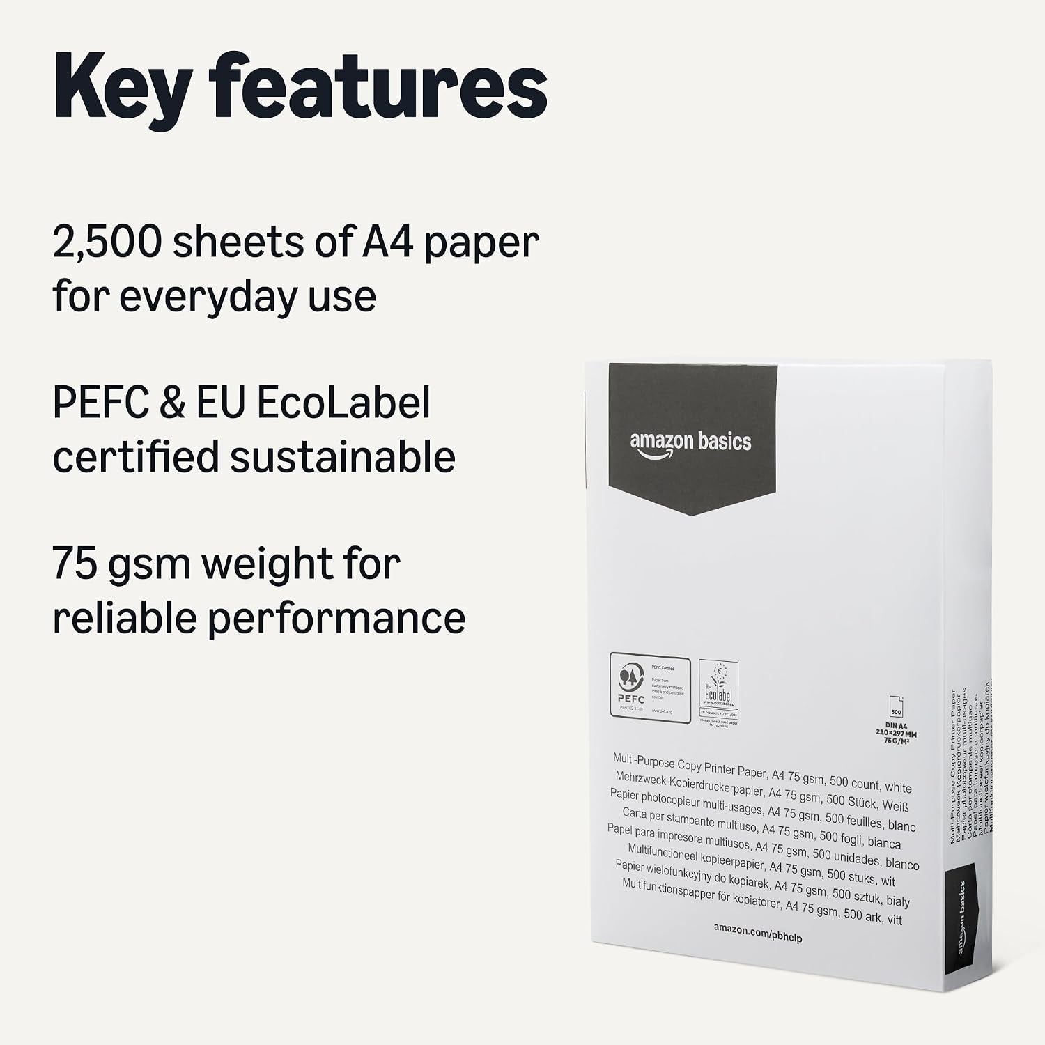 Multi-Purpose Copy Printer Paper, A4 75 GSM, 2,500 Count (Pack of 5), White