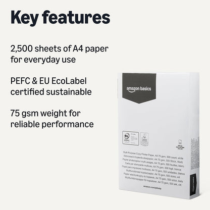 Multi-Purpose Copy Printer Paper, A4 75 GSM, 2,500 Count (Pack of 5), White