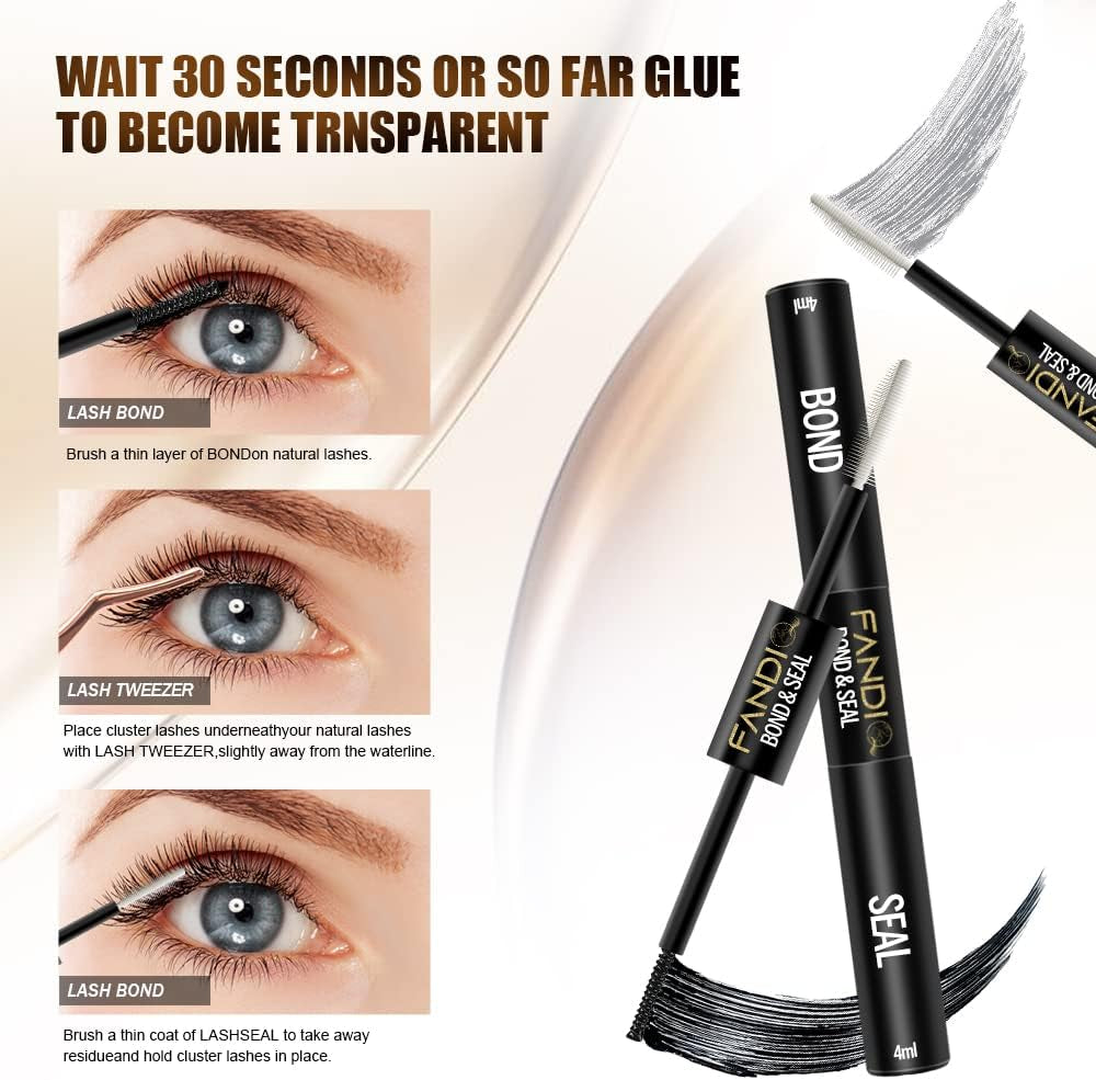 Lash Bond and Seal, Cluster Eyelash Glue for Individual Cluster DIY Eyelash Extensions,Strong Hold Waterproof Cluster Lash Glue 5ML+5ML Latex-Free Long Lasting for Sensitive Eyes(Black)