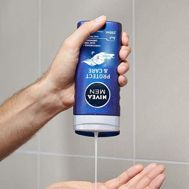 Protect & Care Shower Gel (250 Ml), Moisturising 3-In-1 Body Wash for Men with Aloe Vera, Energising  Shower Gel (Pack of 4)