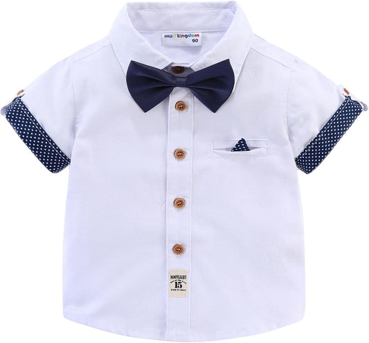 Boys Dress Shirt with Adjustable Bow Tie Short Sleeve Shirts Collared Tops