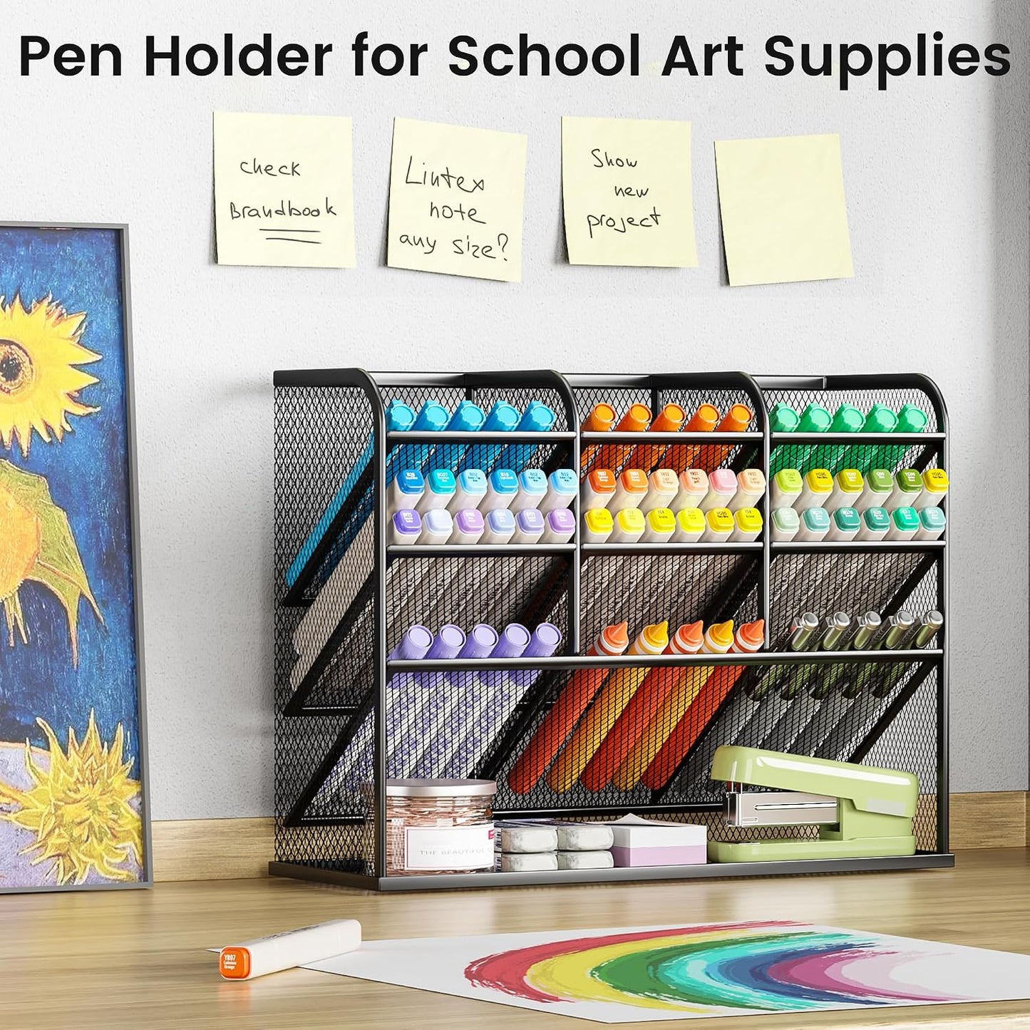3 Tier Mesh Desk Organiser, 10 Compartments Pen Holder for Desk Tidy, Desktop Organiser for Stationery Art School Supplies, Office Accessories - Black