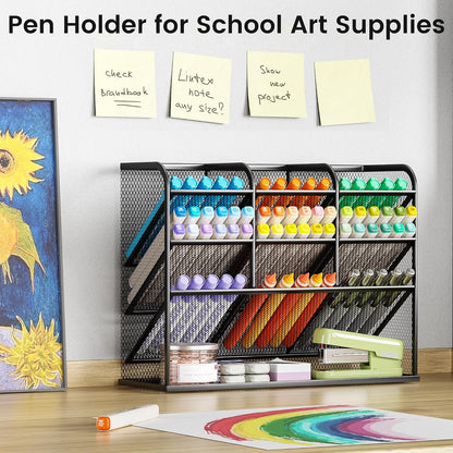 3 Tier Mesh Desk Organiser, 10 Compartments Pen Holder for Desk Tidy, Desktop Organiser for Stationery Art School Supplies, Office Accessories - Black
