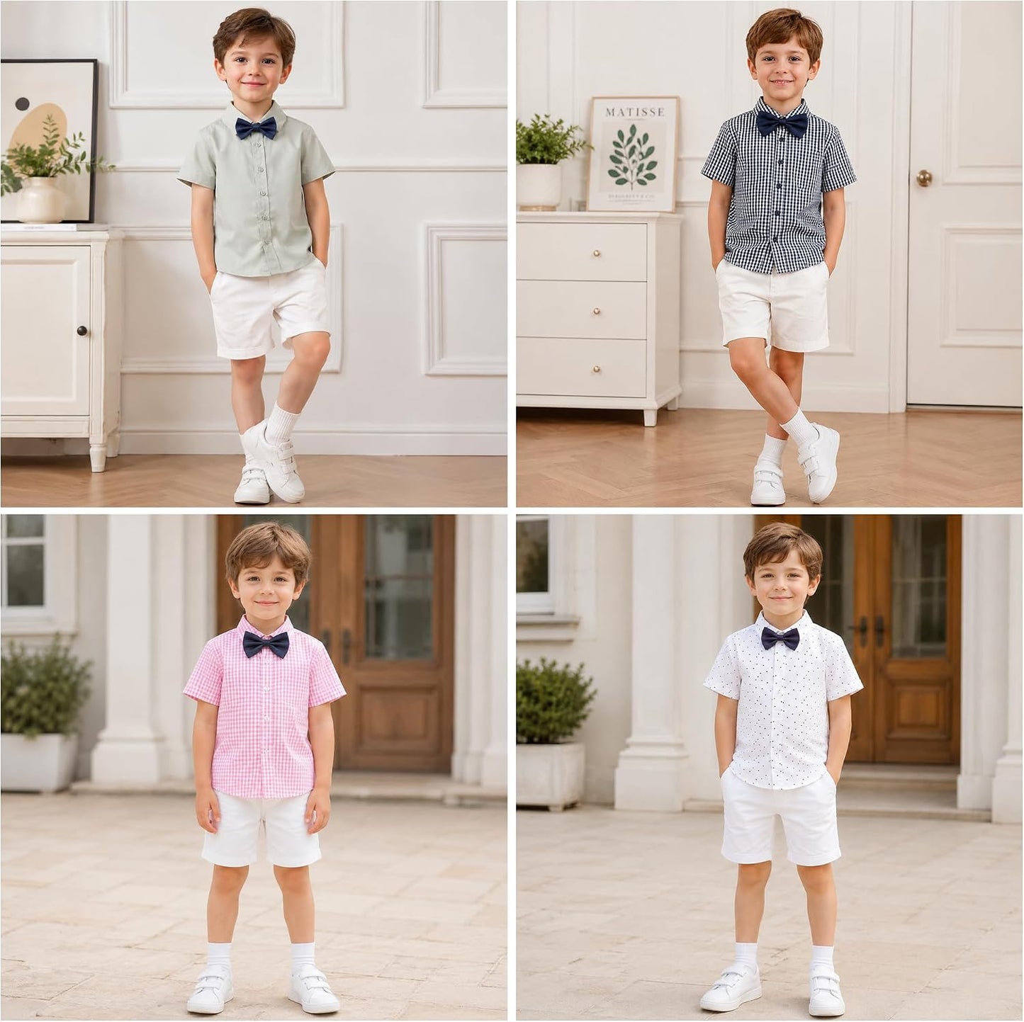 Boys Dress Shirt with Adjustable Bow Tie Short Sleeve Shirts Collared Tops