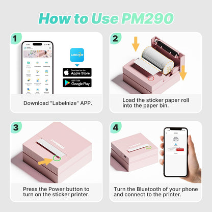 Sticker Printer, PM290 Mini Printer, Bluetooth Sticker Maker Machine with 3 Rolls Paper, Mini Thermal Printer for Study Notes, Journal, Lists, Pictures, DIY Gifts for School Office Home, Pink