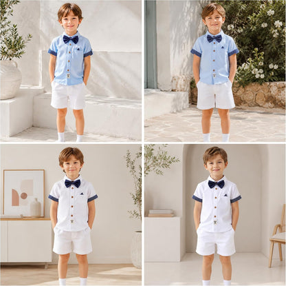 Boys Dress Shirt with Adjustable Bow Tie Short Sleeve Shirts Collared Tops