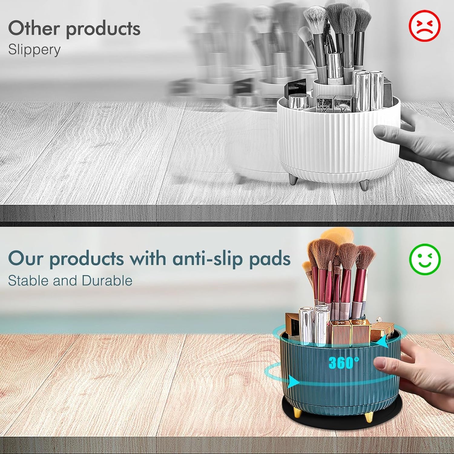 360° Rotating Makeup Organiser, Spinning Makeup Brush Holder with Anti-Slip Mat, Make up Storage 5 Compartments for Skincare Perfumes Cosmetics Bathroom Bedroom Stationery Storage (Green)