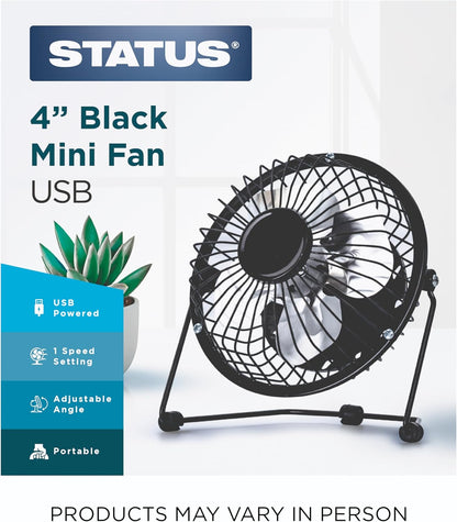 4 Inch USB Desk Fan, Mini Portable Personal Cooling Fan with Single Speed for Office, Laptop & Travel Use, Black (SUSBBLKWFAN1PKB4)