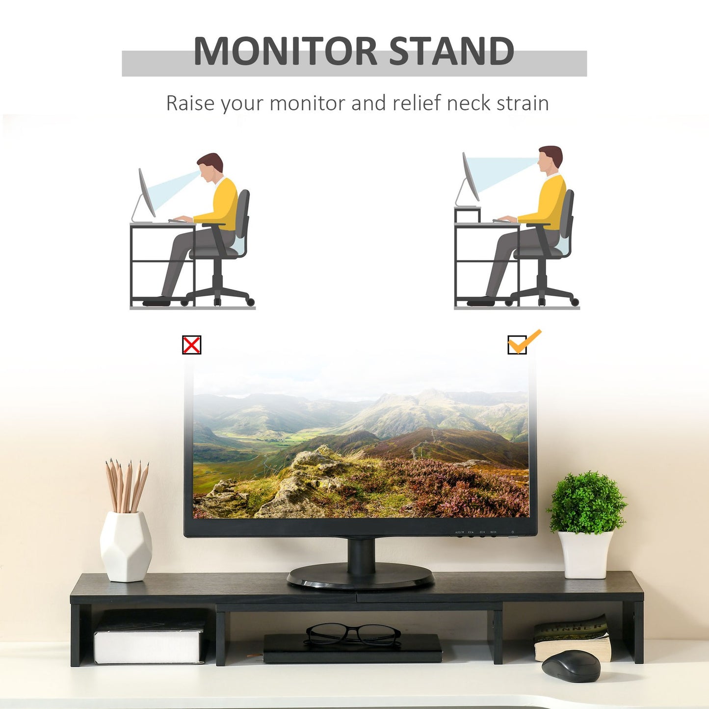 Dual Monitor Stand Riser W/ 3 Shelves Adjustable Length and Angle Screen Stand
