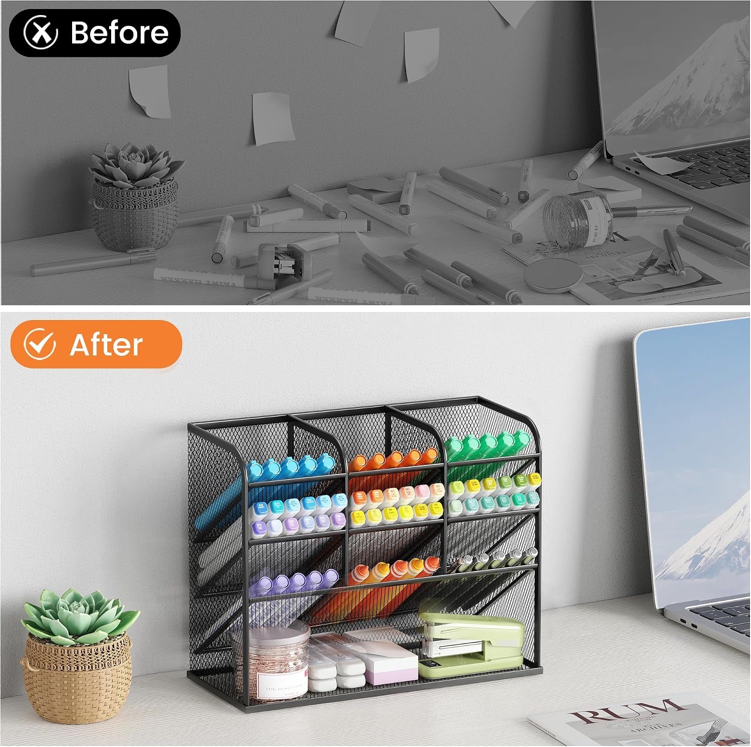 3 Tier Mesh Desk Organiser, 10 Compartments Pen Holder for Desk Tidy, Desktop Organiser for Stationery Art School Supplies, Office Accessories - Black