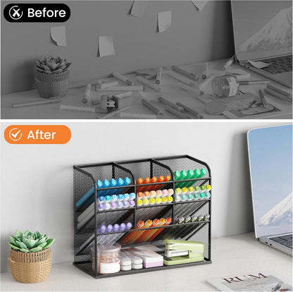 3 Tier Mesh Desk Organiser, 10 Compartments Pen Holder for Desk Tidy, Desktop Organiser for Stationery Art School Supplies, Office Accessories - Black