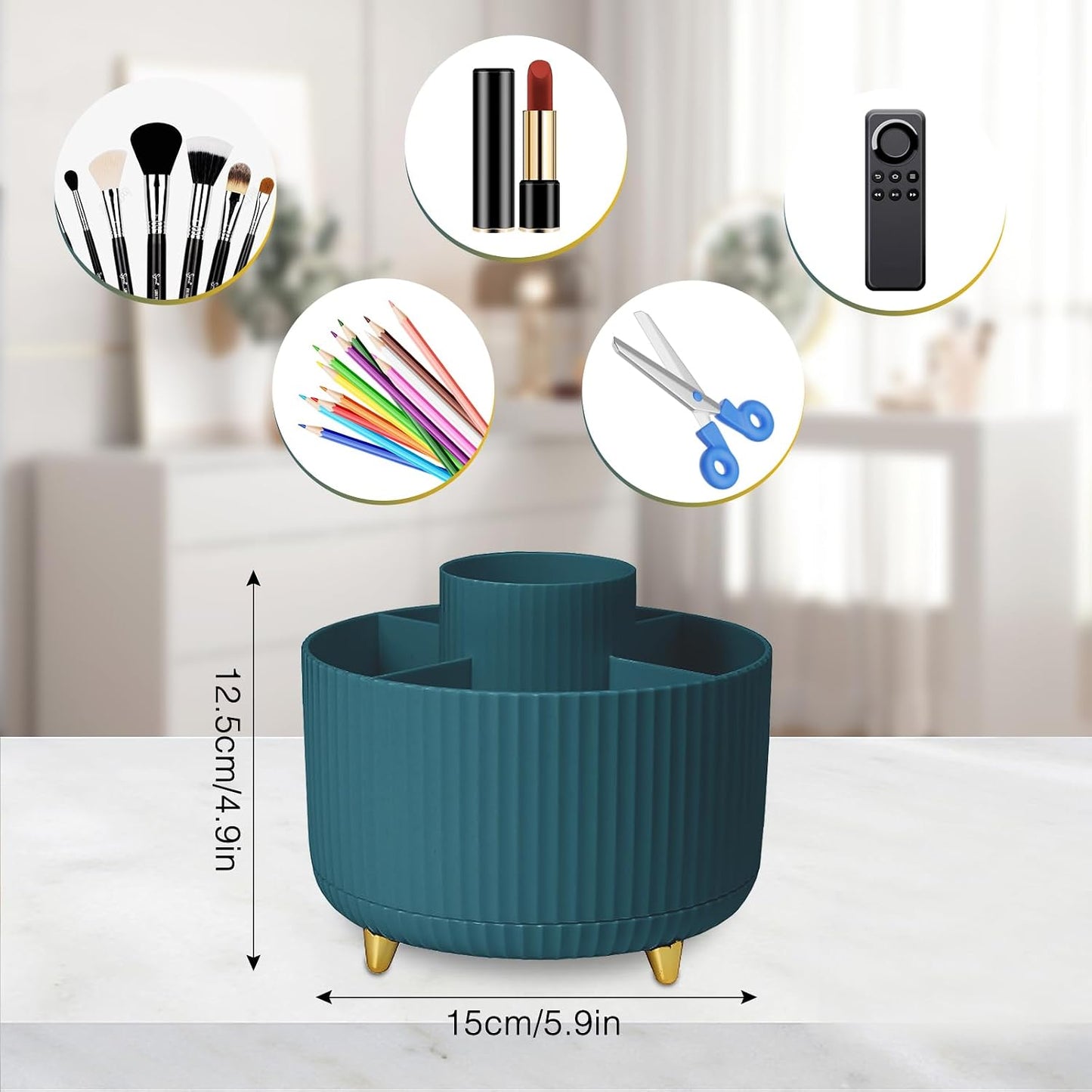 360° Rotating Makeup Organiser, Spinning Makeup Brush Holder with Anti-Slip Mat, Make up Storage 5 Compartments for Skincare Perfumes Cosmetics Bathroom Bedroom Stationery Storage (Green)