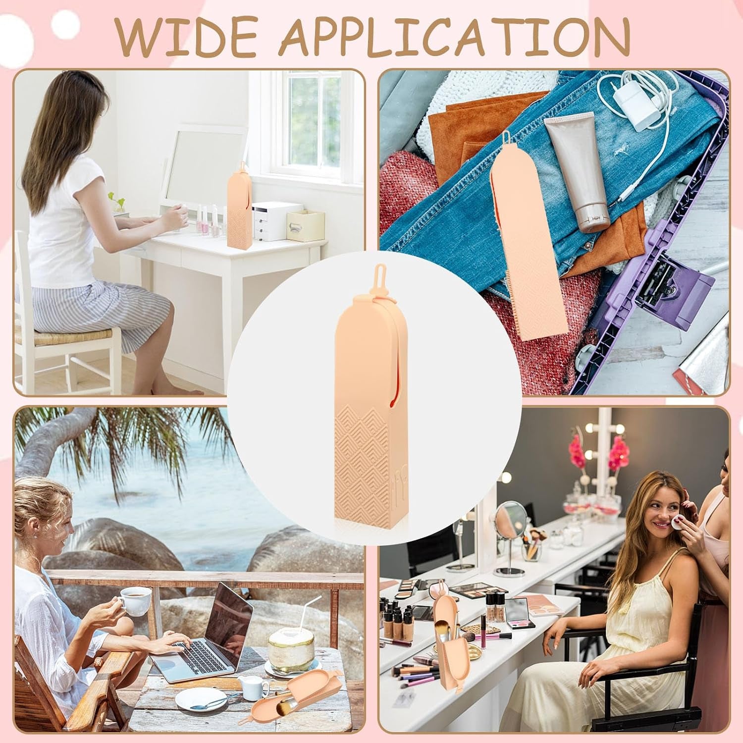 Travel Makeup Brush Holder Organizer, Silicone Makeup Brush Holder Makeup Brush Bag Case Organizer, Wide Opening Anti-Fall Cosmetic Brush Holder for Women, Travel Essentials for Women (Apricot)